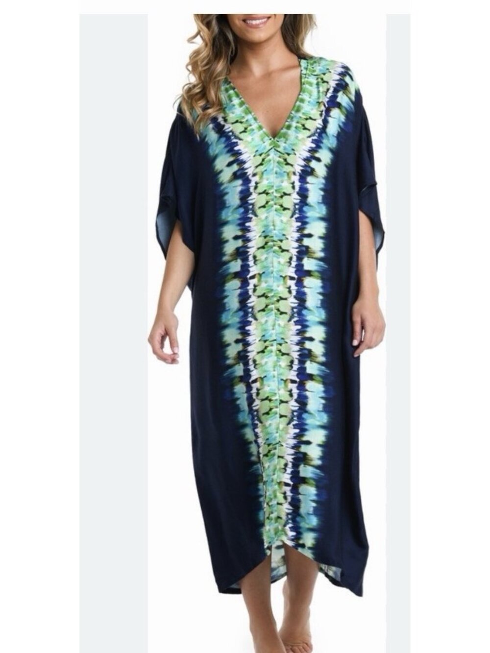 La Blanca Seas Print  Midi Caftan Dress Swim Cover up Size L/XL NEW W/TAGS